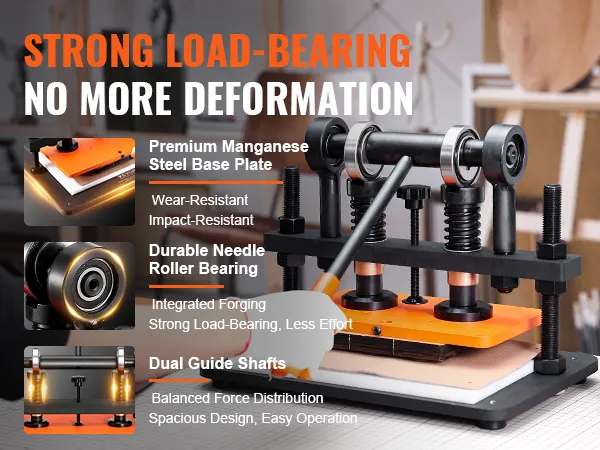 VEVOR leather cutting machine with strong load-bearing, premium manganese steel base plate, and dual guide shafts.
