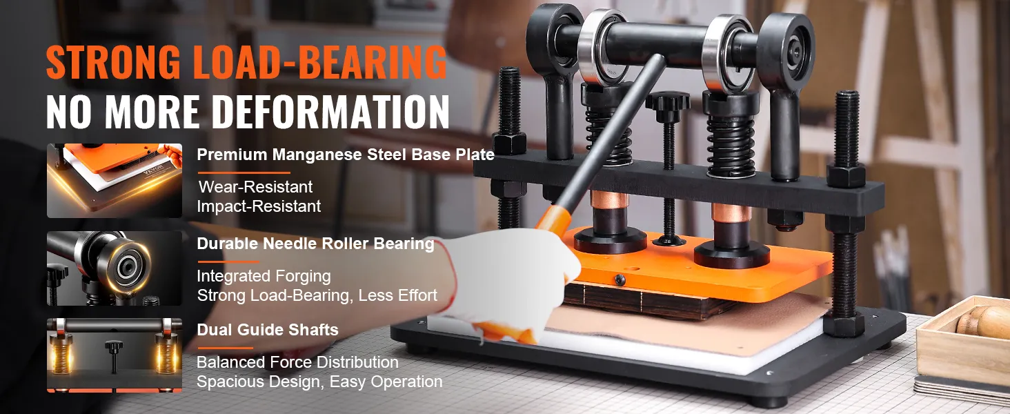 VEVOR leather cutting machine with strong load-bearing, premium manganese steel base plate, and dual guide shafts.