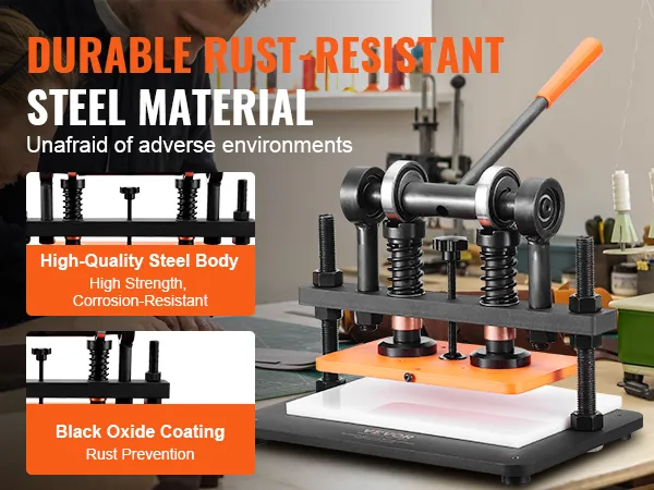 VEVOR leather cutting machine with rust-resistant steel material, black oxide coating, high-quality body.