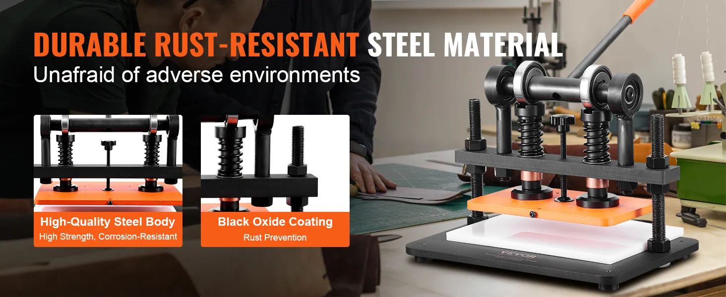 VEVOR leather cutting machine with rust-resistant steel material, black oxide coating, high-quality body.