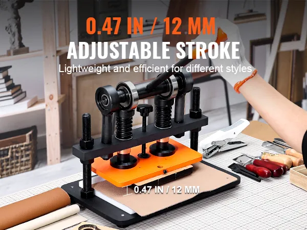 VEVOR leather cutting machine with 0.47 in adjustable stroke, lightweight and efficient for various styles.