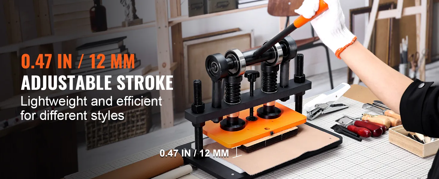 VEVOR leather cutting machine with 0.47 in adjustable stroke, lightweight and efficient for various styles.