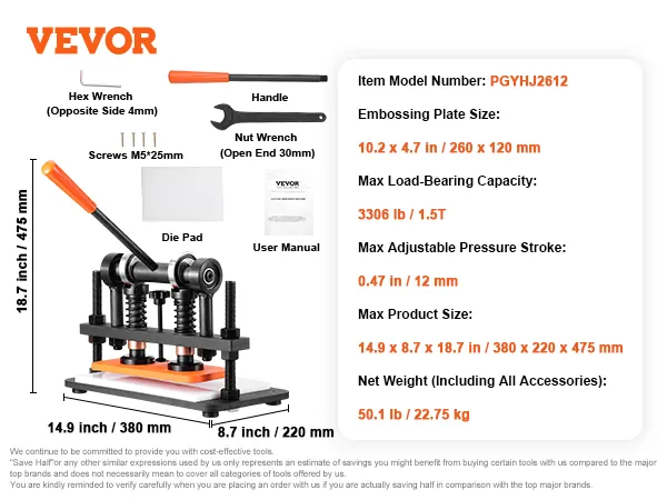 VEVOR leather cutting machine with handle, nut wrench, user manual, and detailed specifications.