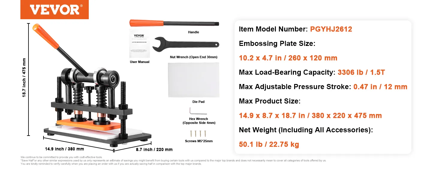 VEVOR leather cutting machine with handle, nut wrench, user manual, and detailed specifications.