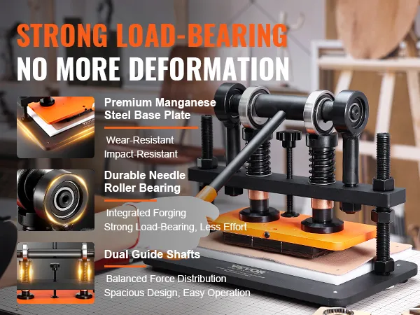 VEVOR leather cutting machine with premium manganese steel base, durable needle roller bearing, dual guide shafts.