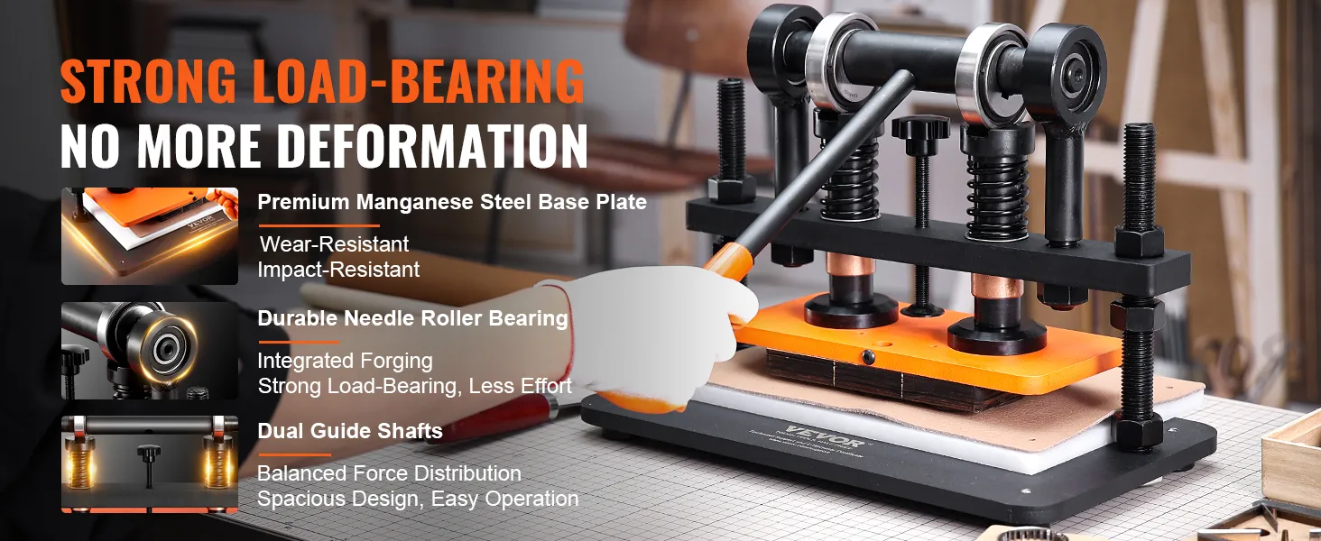 VEVOR leather cutting machine with premium manganese steel base, durable needle roller bearing, dual guide shafts.