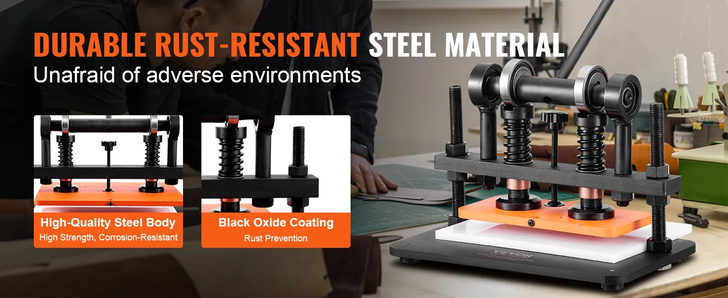 VEVOR leather cutting machine with durable rust-resistant steel, high-quality steel body, and black oxide coating.