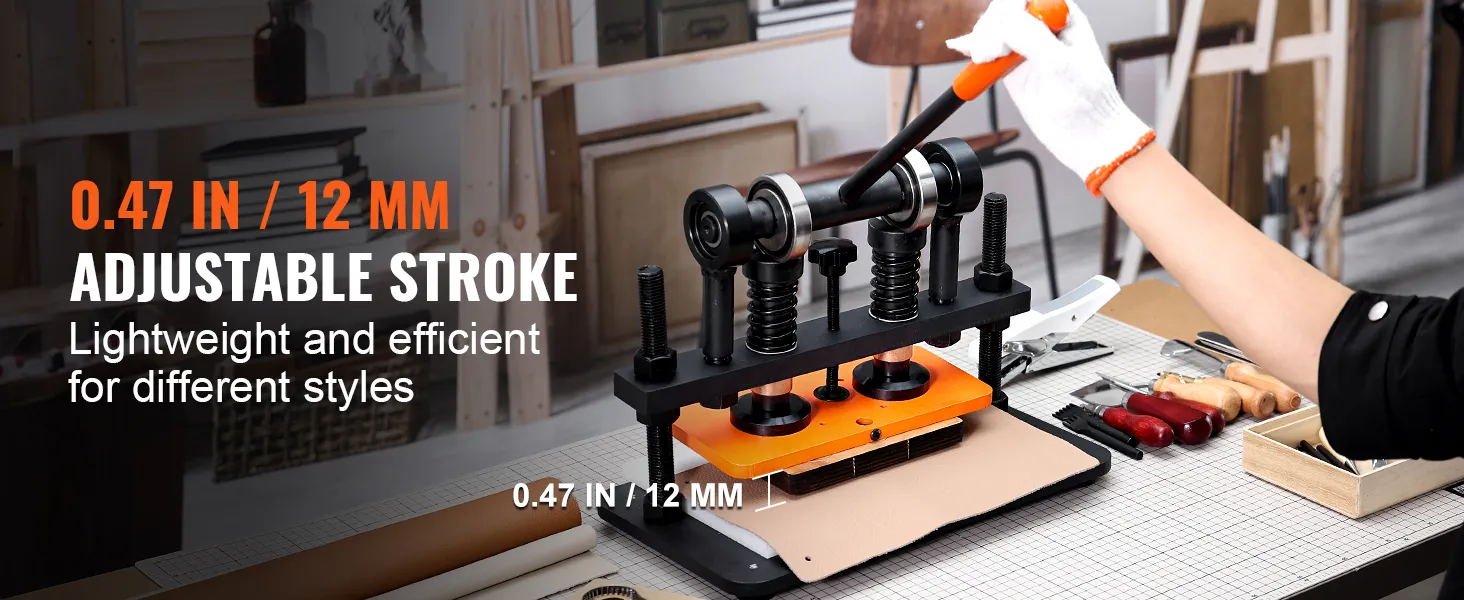 VEVOR leather cutting machine with adjustable 0.47 in / 12 mm stroke in a craft workshop.