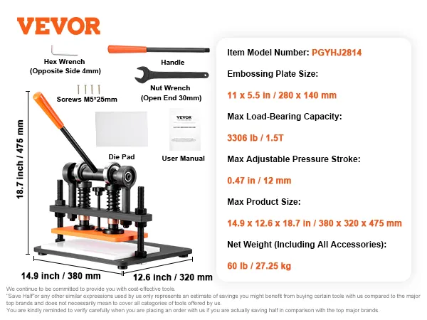 VEVOR leather cutting machine with handle, wrenches, die pad, screws and specifications for pgyhj2814.