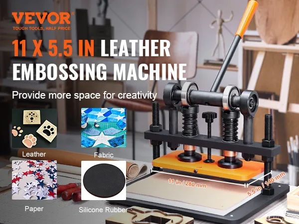 VEVOR leather cutting machine for leather, fabric, paper, and silicone rubber in a creative workspace.