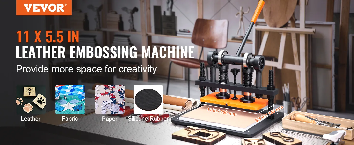 VEVOR leather cutting machine for leather, fabric, paper, and silicone rubber in a creative workspace.