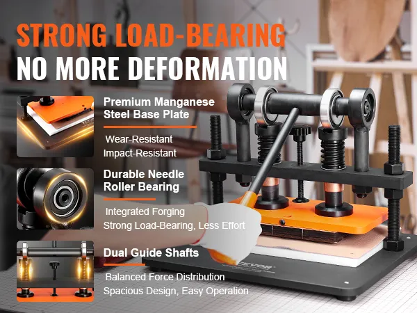 VEVOR leather cutting machine with premium steel base, durable roller bearing, and dual guide shafts.
