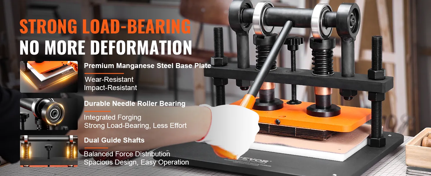 VEVOR leather cutting machine with premium steel base, durable roller bearing, and dual guide shafts.