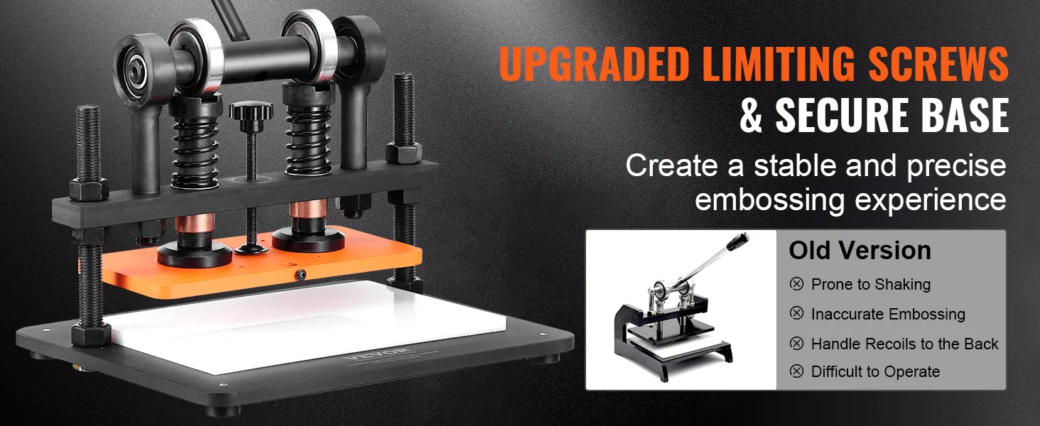 upgraded VEVOR leather cutting machine with improved limiting screws and secure base for precise embossing.