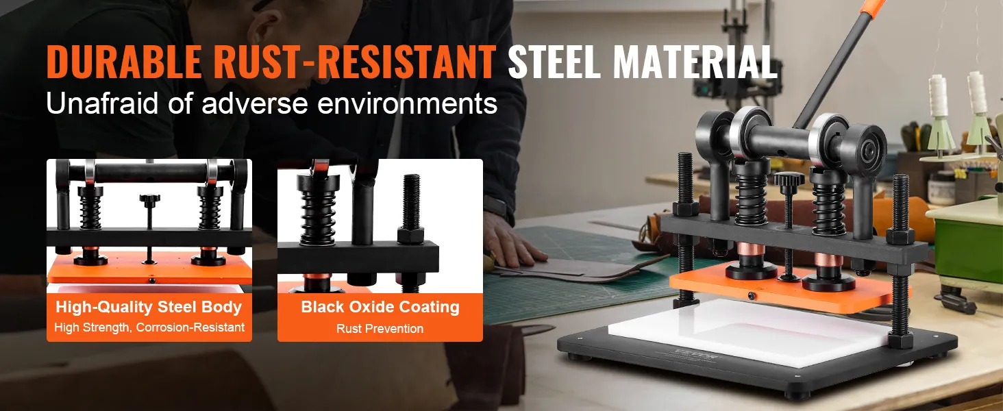 VEVOR leather cutting machine with high-quality, corrosion-resistant steel body and black oxide coating.