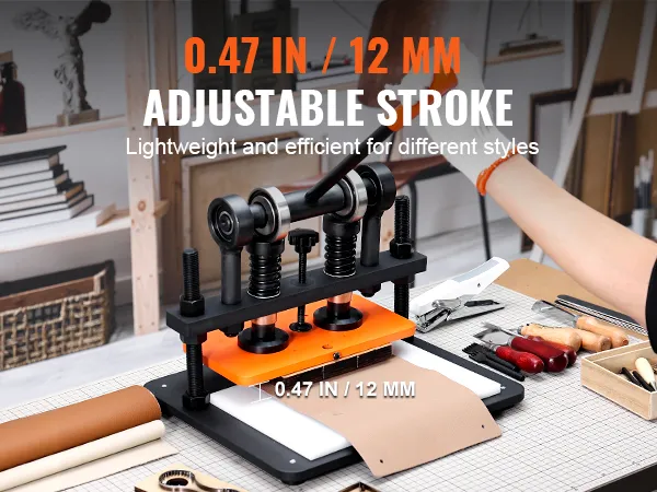 VEVOR leather cutting machine with 0.47in adjustable stroke in a workshop setting.