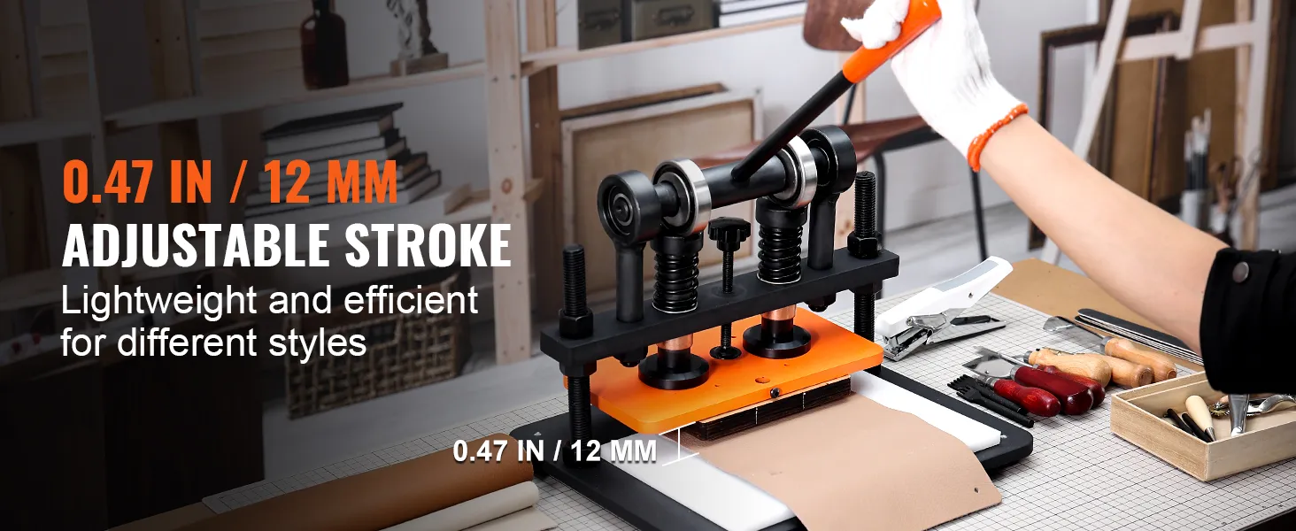 VEVOR leather cutting machine with 0.47in adjustable stroke in a workshop setting.
