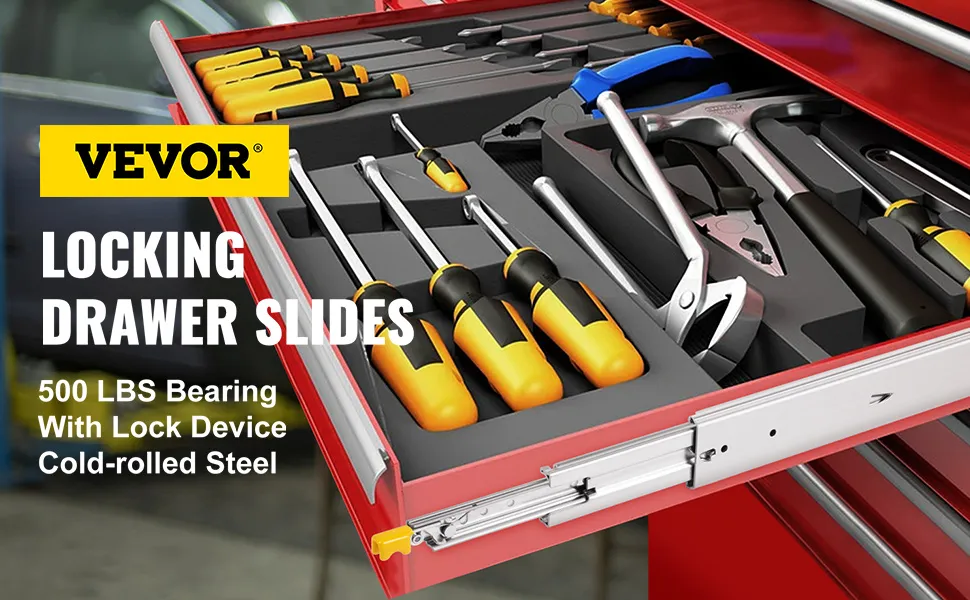VEVOR locking drawer slides holding neatly organized tools in a red toolbox.