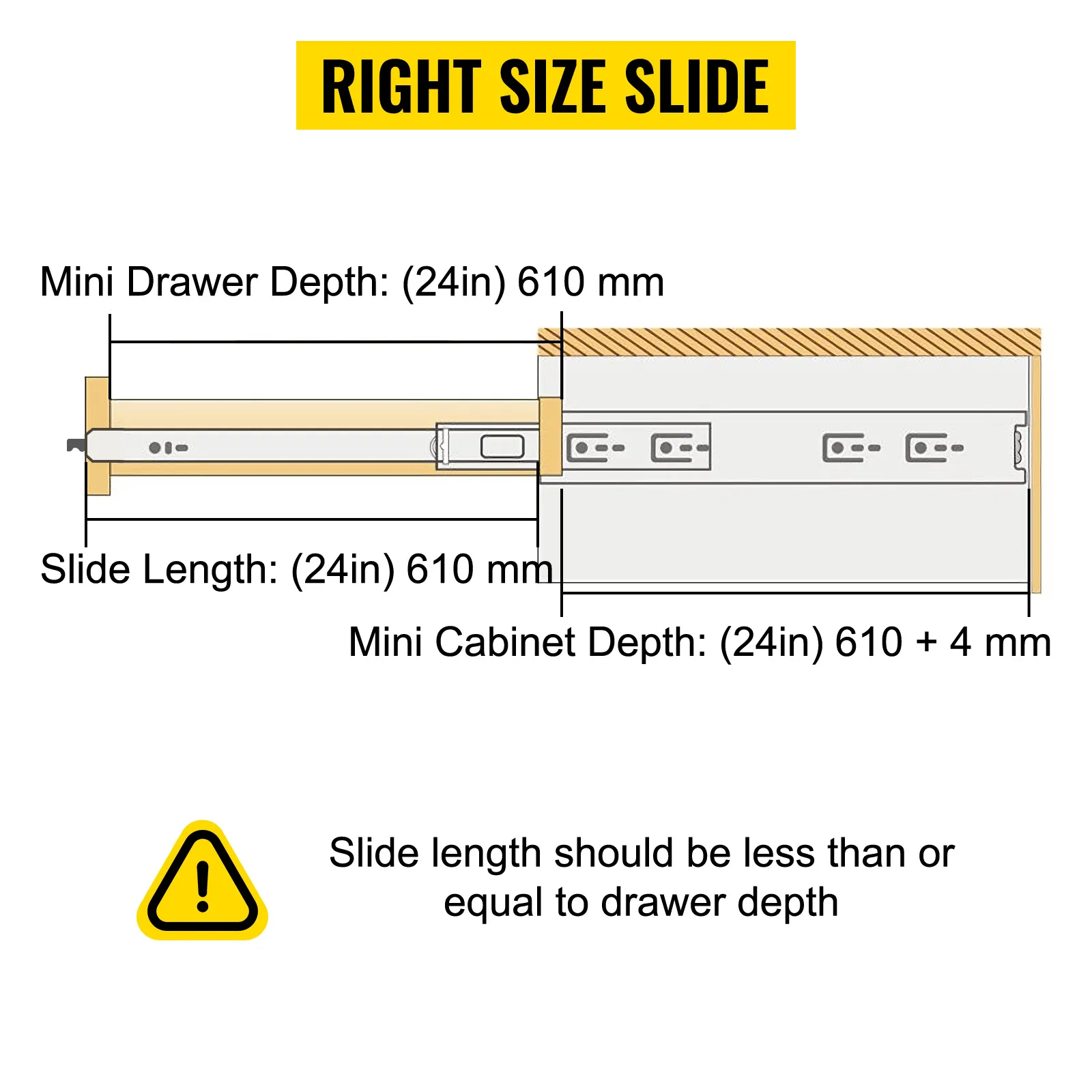 VEVOR drawer slides dimensions and installation guide with caution note.