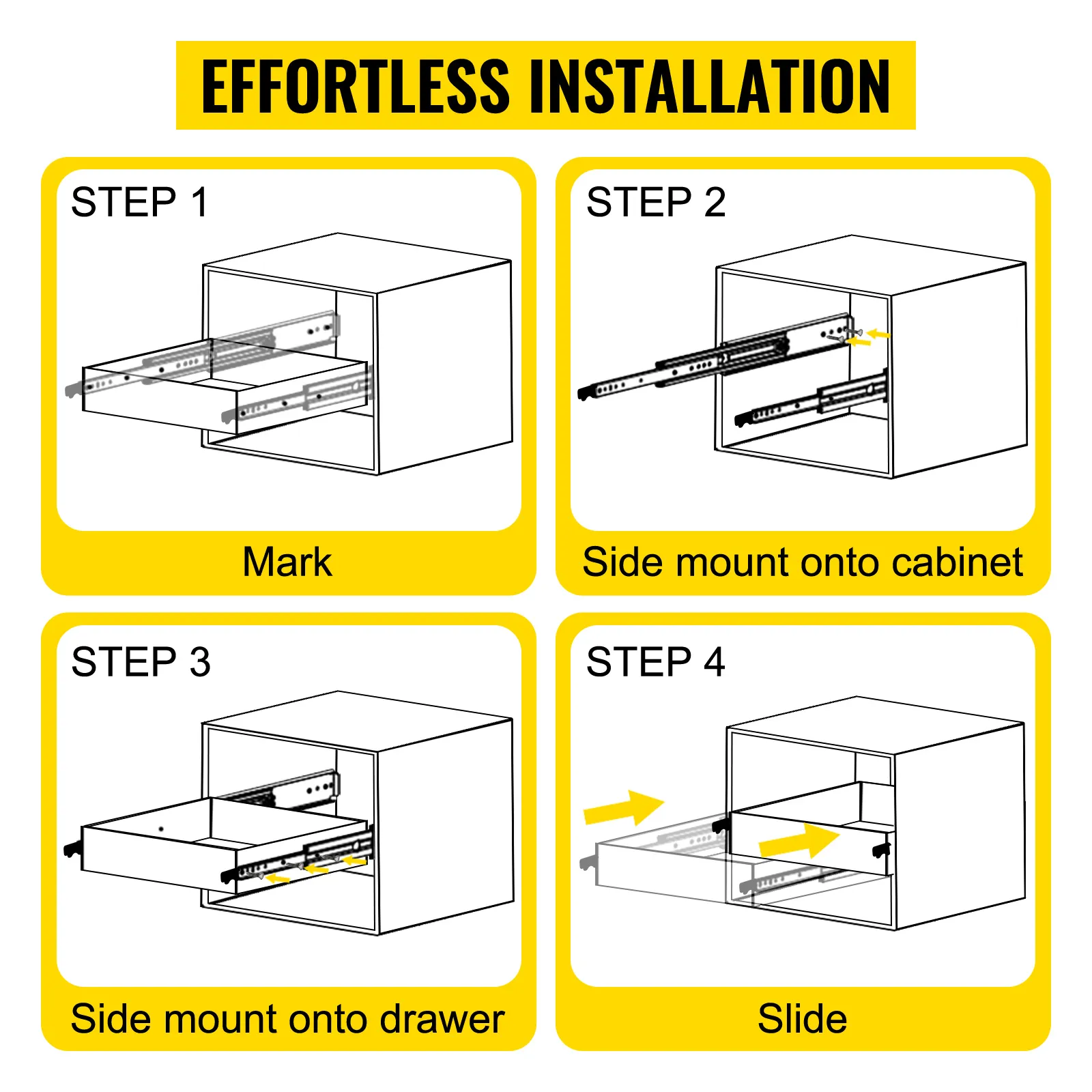 effortless installation guide for VEVOR drawer slides: mark, mount, and slide steps.