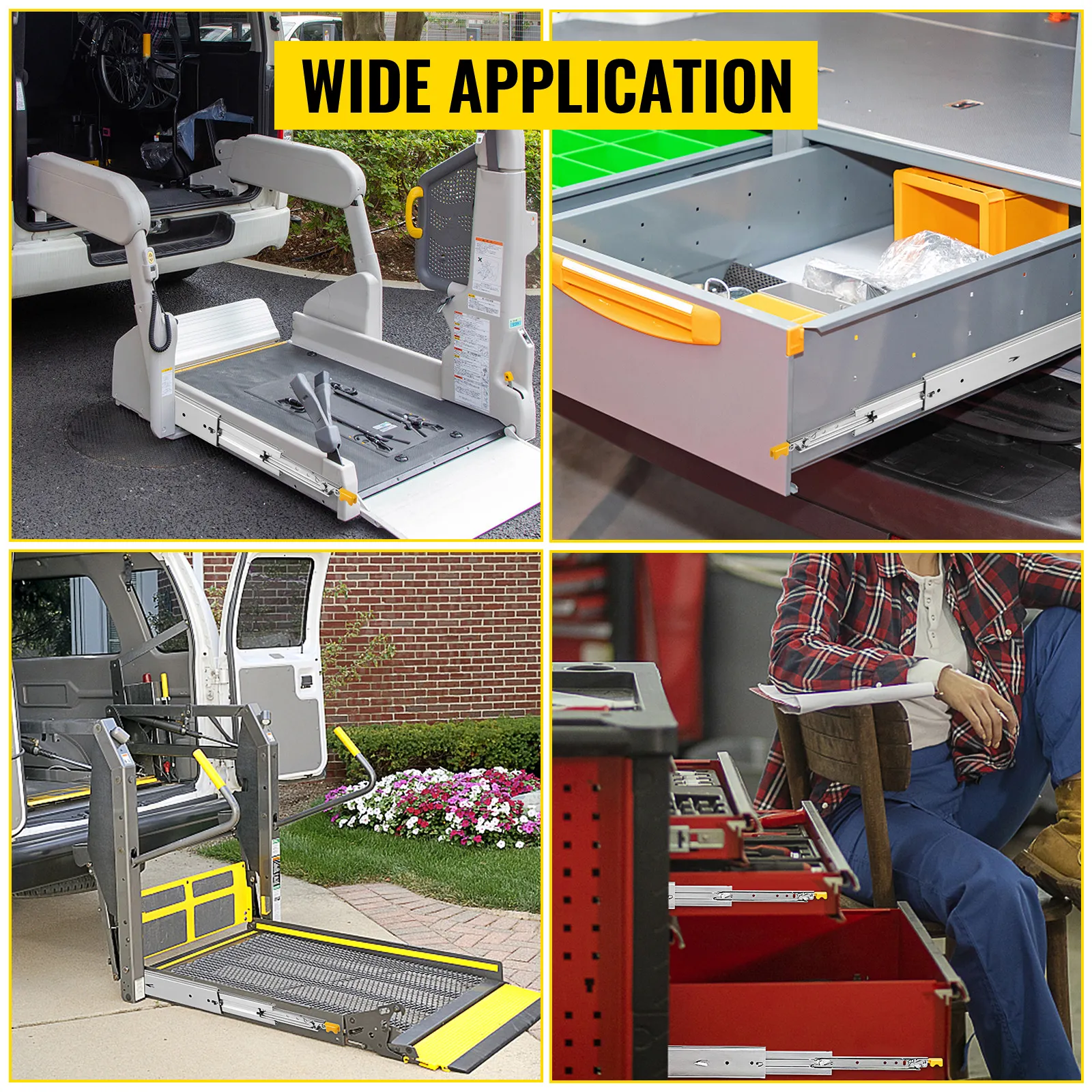 wide application of VEVOR drawer slides: vehicle lifts, workshop toolboxes, and storage drawers.