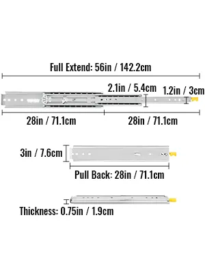 VEVOR drawer slides dimensions: full extent 56in, 2.1in wide, 28in pullback, 0.75in thick.
