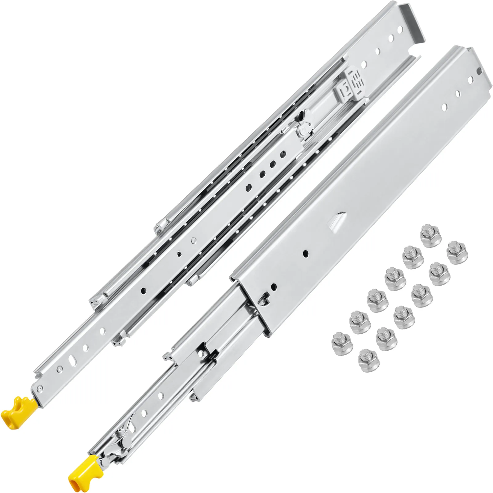 VEVOR drawer slides with yellow release clips and mounting screws.