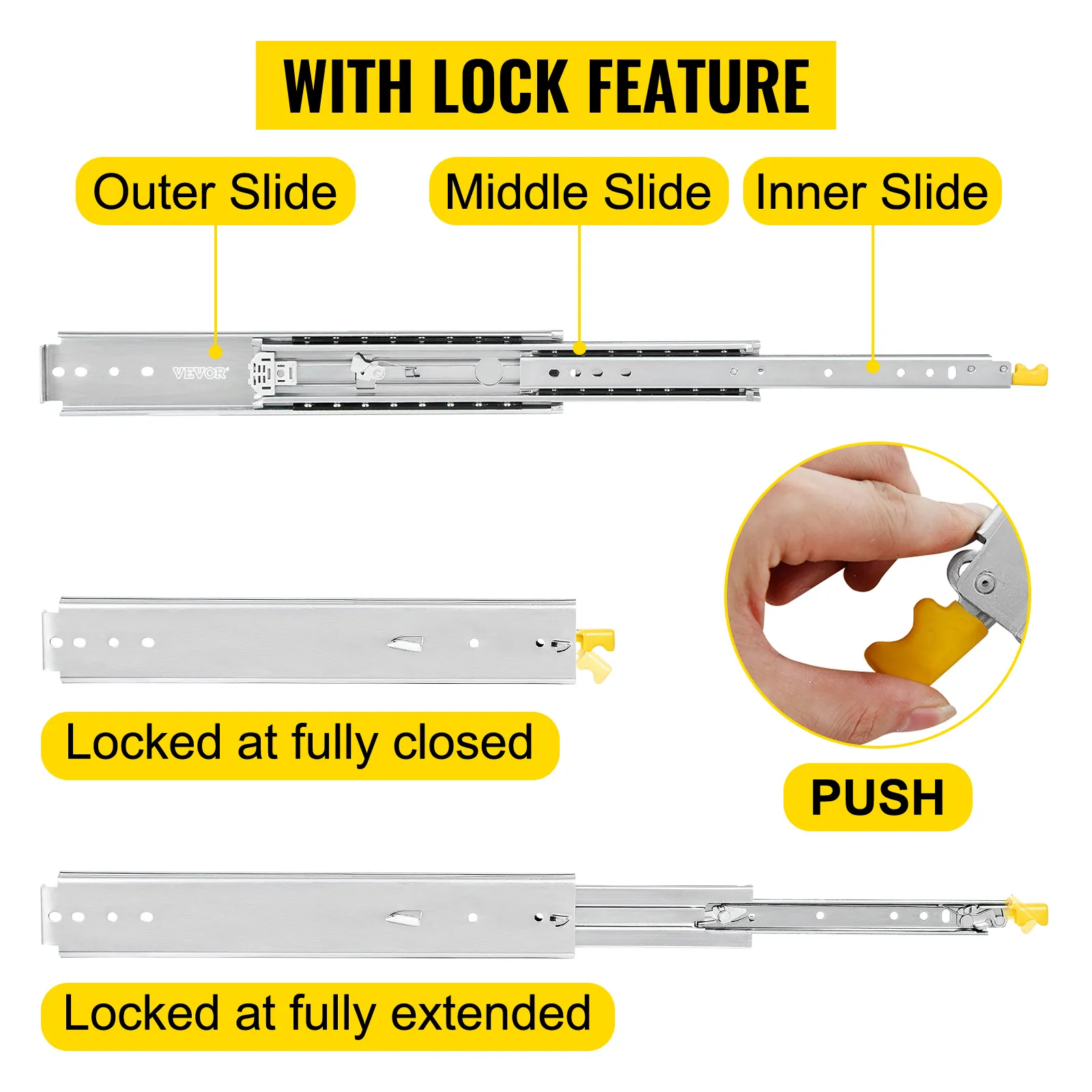 VEVOR drawer slides with lock feature, showing outer, middle, and inner slides.
