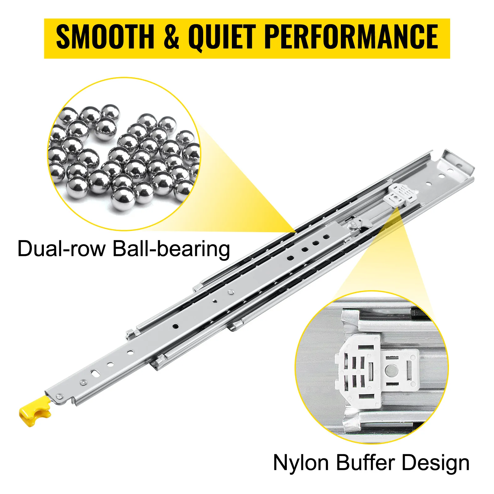 VEVOR drawer slides with dual-row ball-bearing and nylon buffer for smooth, quiet performance.