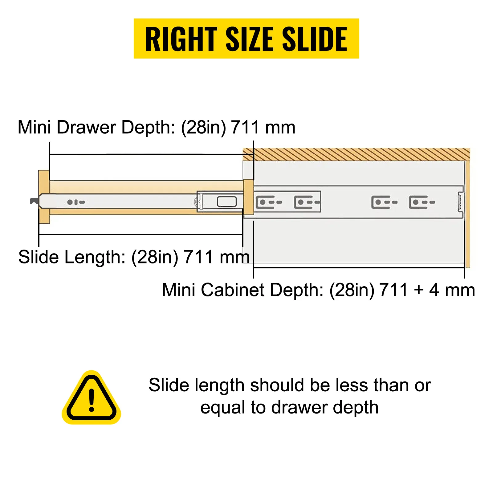 diagram showing drawer slide dimensions with a caution about fitting VEVOR drawer slides.