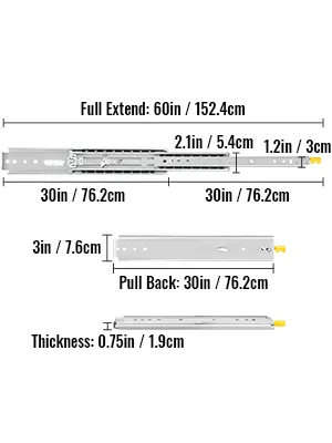 VEVOR drawer slides heavy-duty diagram with dimensions in inches and centimeters.