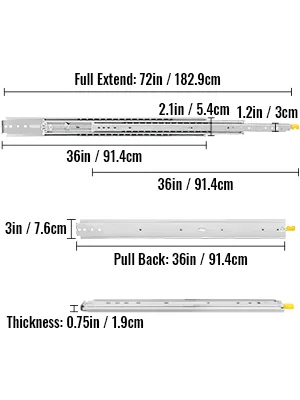 VEVOR drawer slides dimensions and specifications chart with measurements in inches and cm.