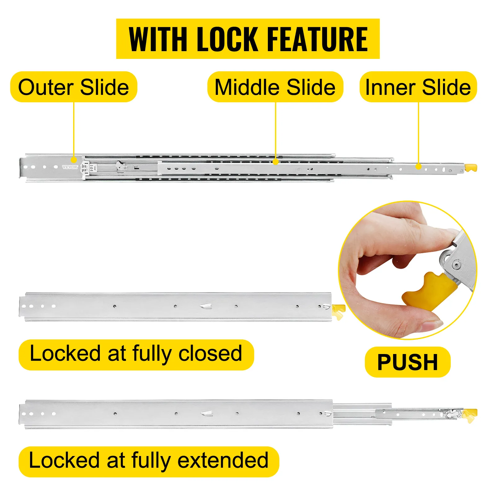 VEVOR drawer slides with lock feature, showing outer, middle, and inner slides.