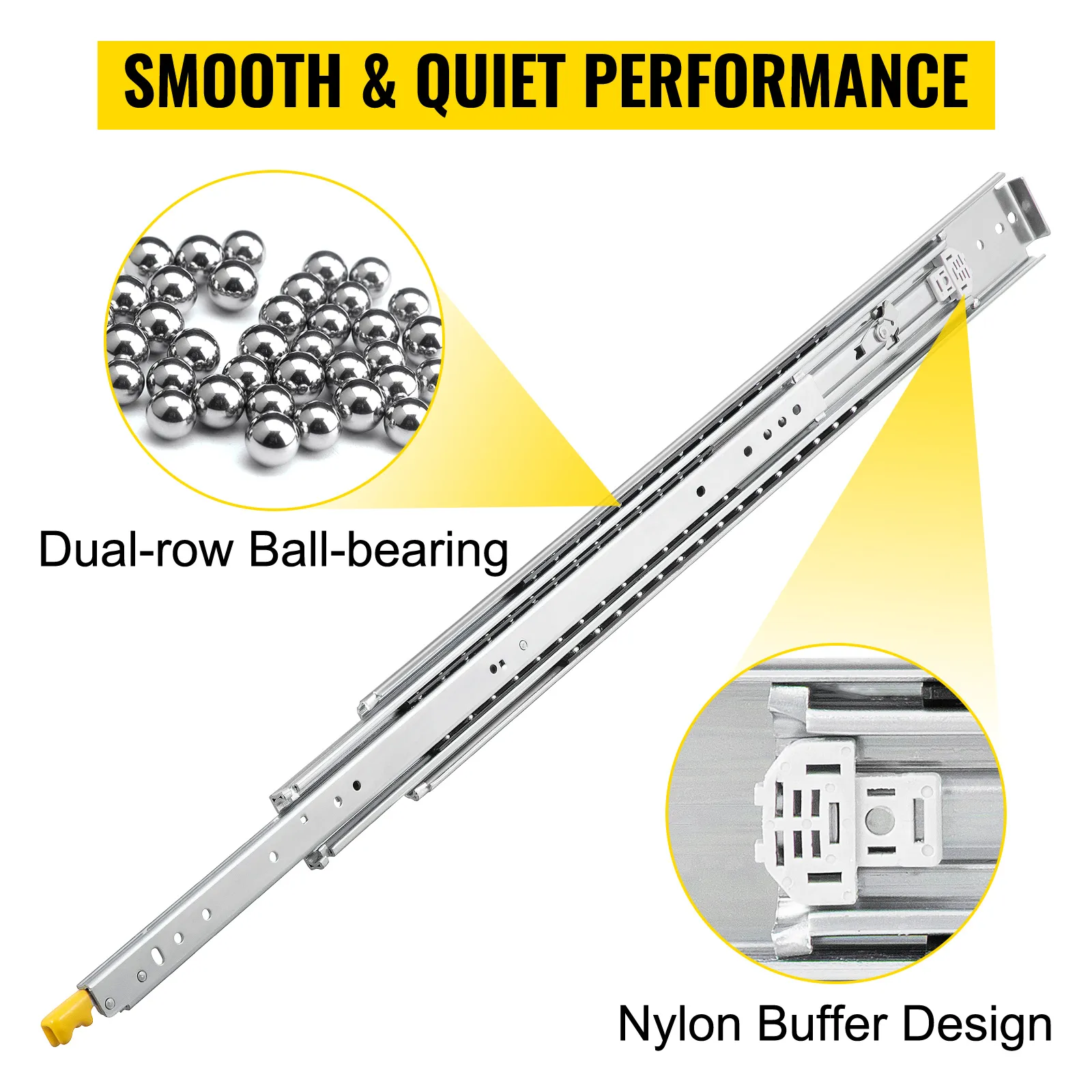 VEVOR drawer slides with dual-row ball-bearing and nylon buffer design for smooth, quiet performance.