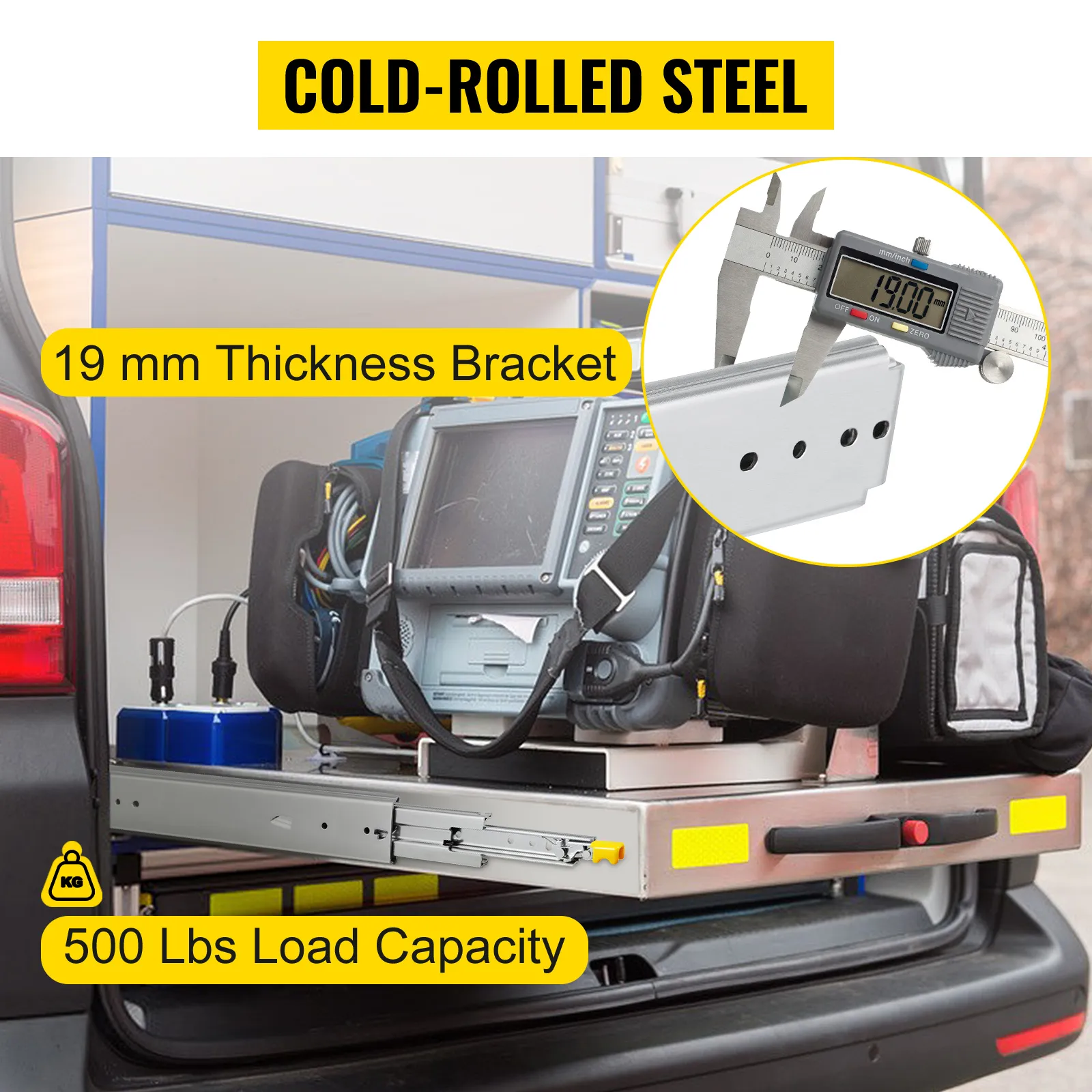 cold-rolled steel VEVOR drawer slides, 19mm thickness bracket, 500 lbs load capacity.