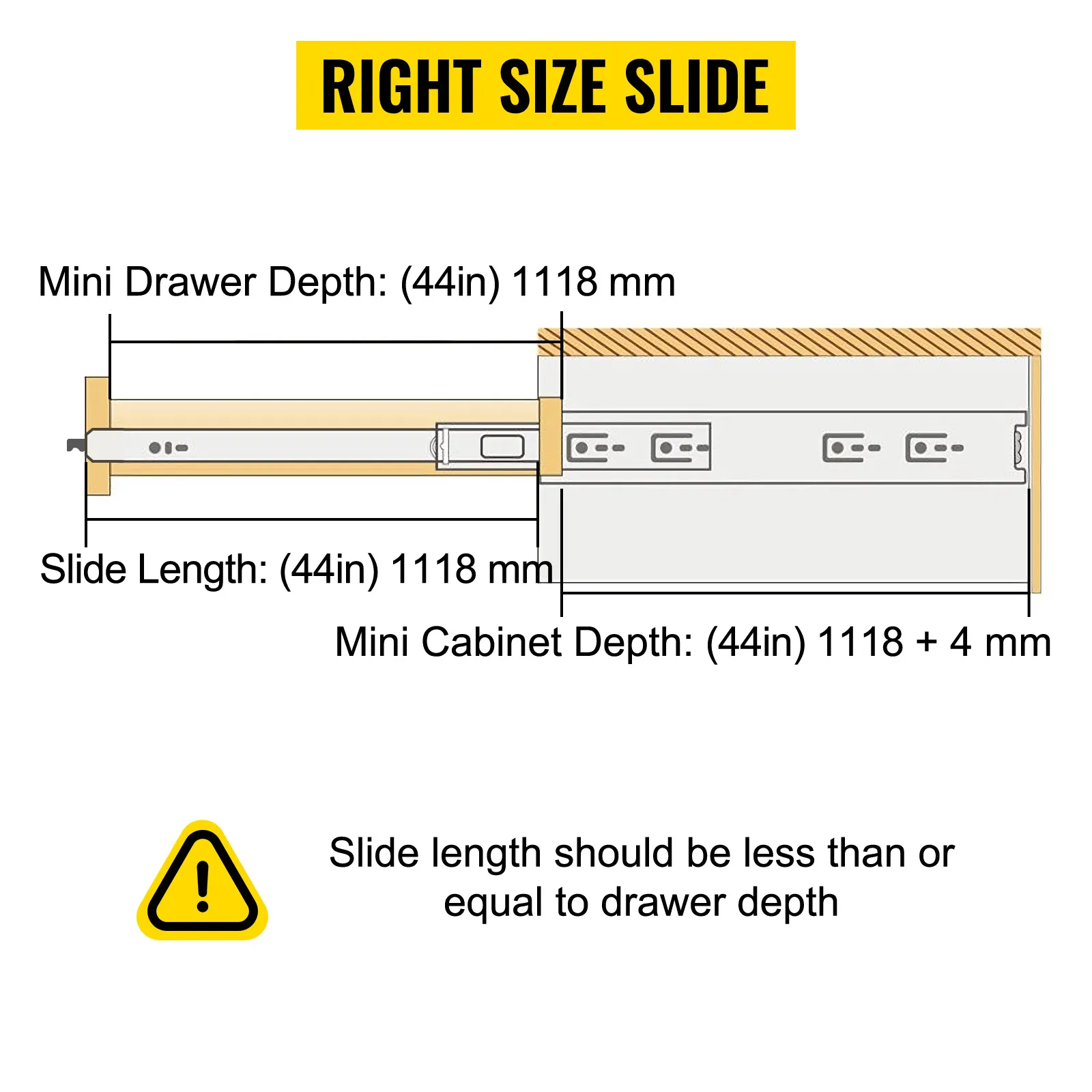right size VEVOR drawer slides illustration with cabinet and drawer depth dimensions.