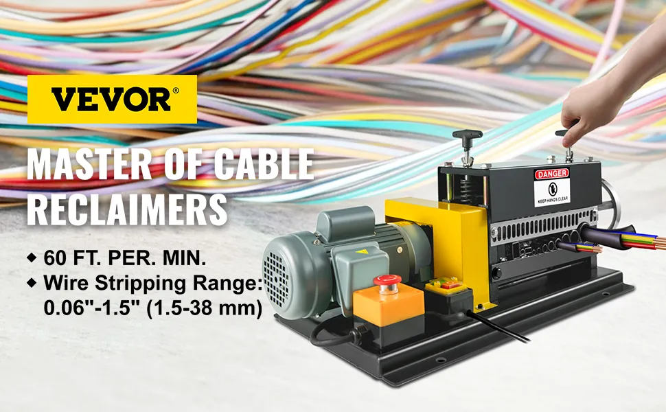 VEVOR wire stripping machine for cable reclaiming with colorful wires in the background.