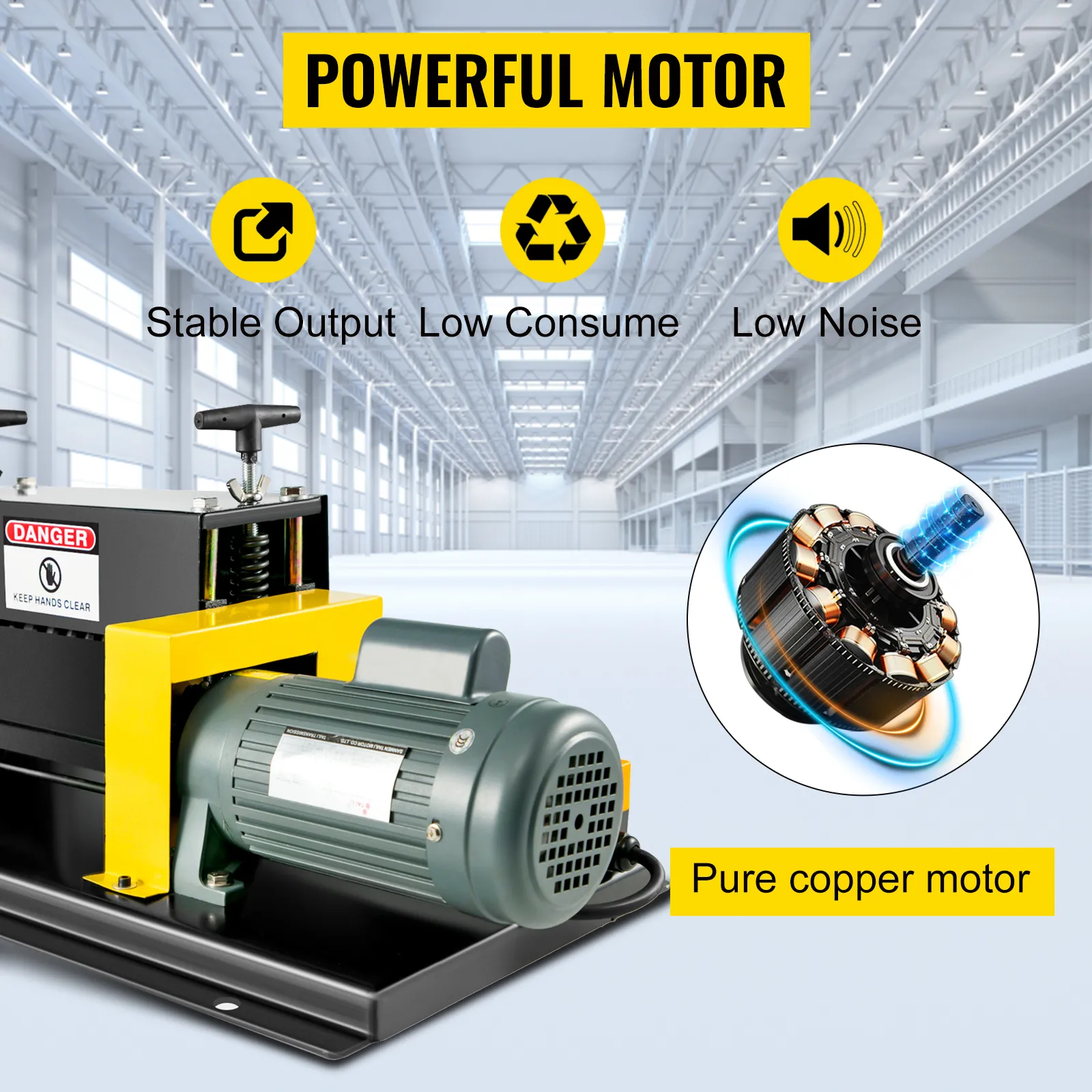 VEVOR wire stripping machine with powerful motor, low noise, and stable output.
