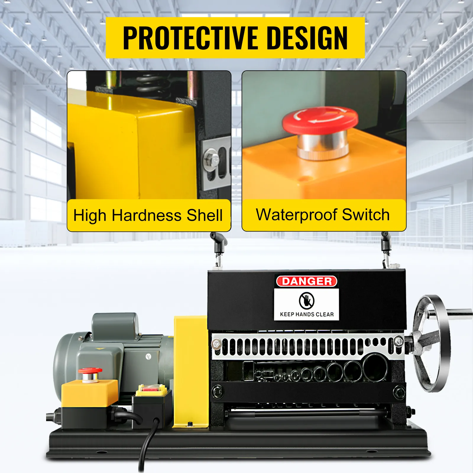 VEVOR wire stripping machine with high hardness shell and waterproof switch.