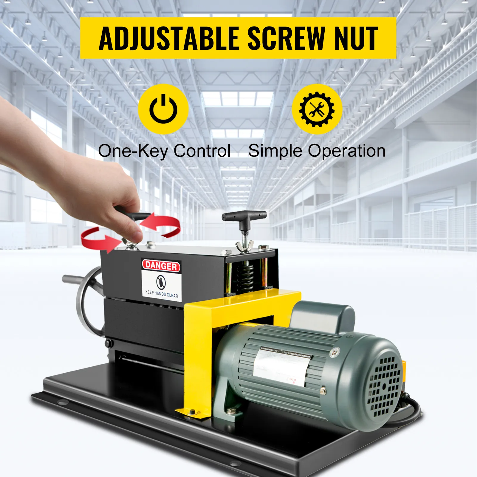 VEVOR wire stripping machine with adjustable screw nut and one-key control feature.