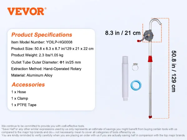 Pompa per fusti VEVOR, lega di alluminio, 50,8 pollici di lunghezza, diametro di uscita 25 mm, include tubo flessibile, morsetto, nastro in PTFE.