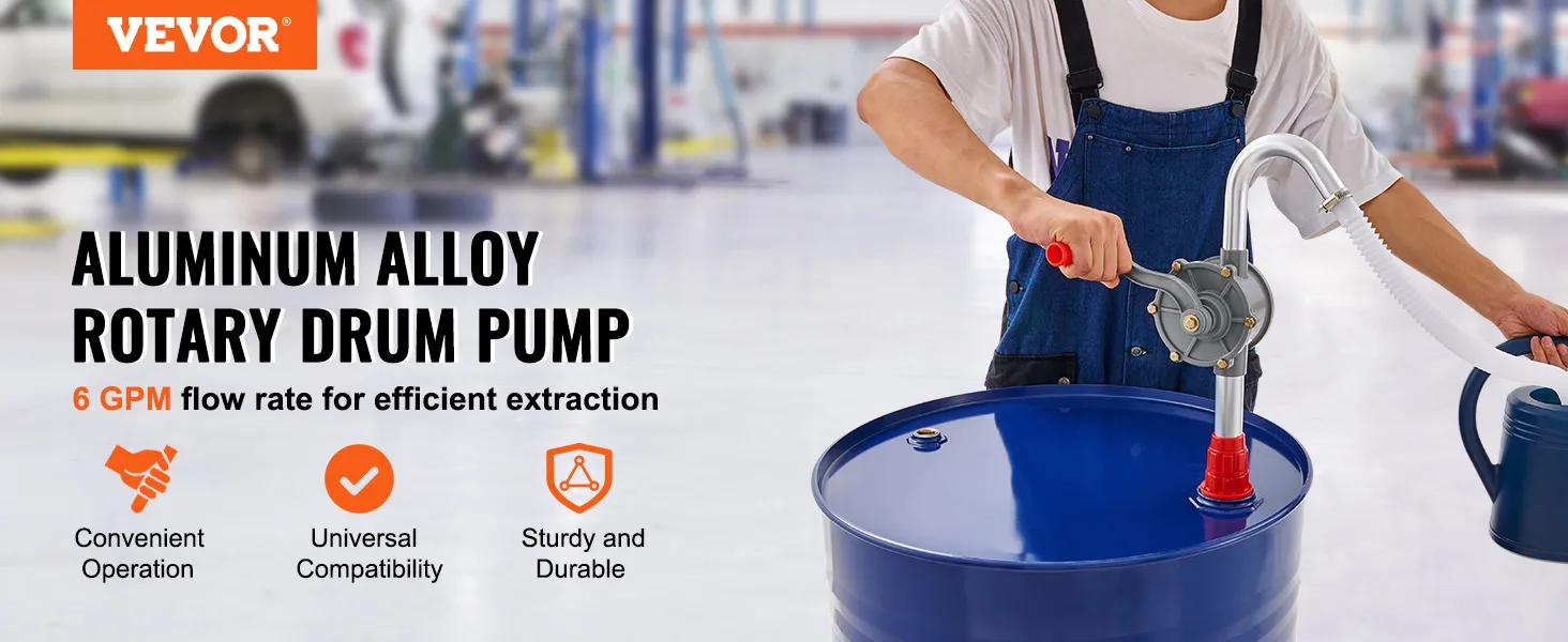 Pompa per fusti VEVOR in funzione, lega di alluminio, portata 6 gpm. Pratica, universale, durevole.