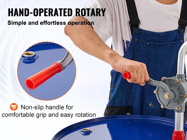 Pompa rotativa per fusti VEVOR azionata manualmente con impugnatura antiscivolo per una presa facile e confortevole.