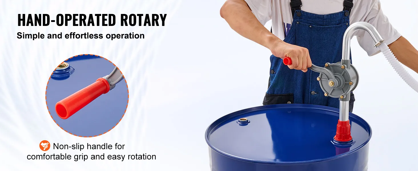 Pompa rotativa per fusti VEVOR azionata manualmente con impugnatura antiscivolo per una presa facile e confortevole.