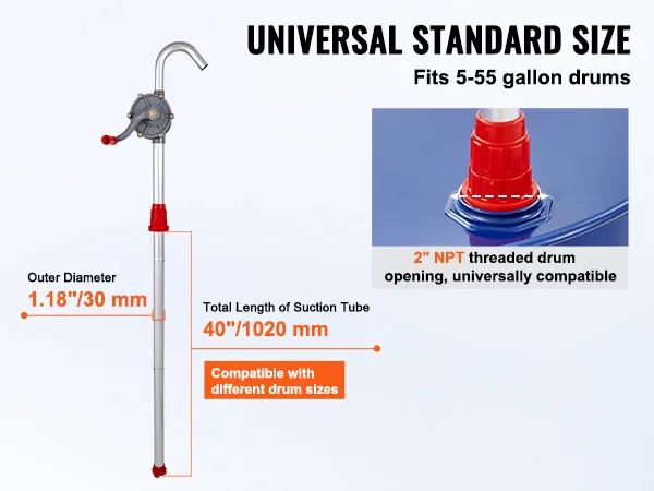 Pompa per fusti VEVOR con diametro di 1,18" e lunghezza di 40", adatta a fusti da 5-55 galloni, apertura filettata da 2" npt.