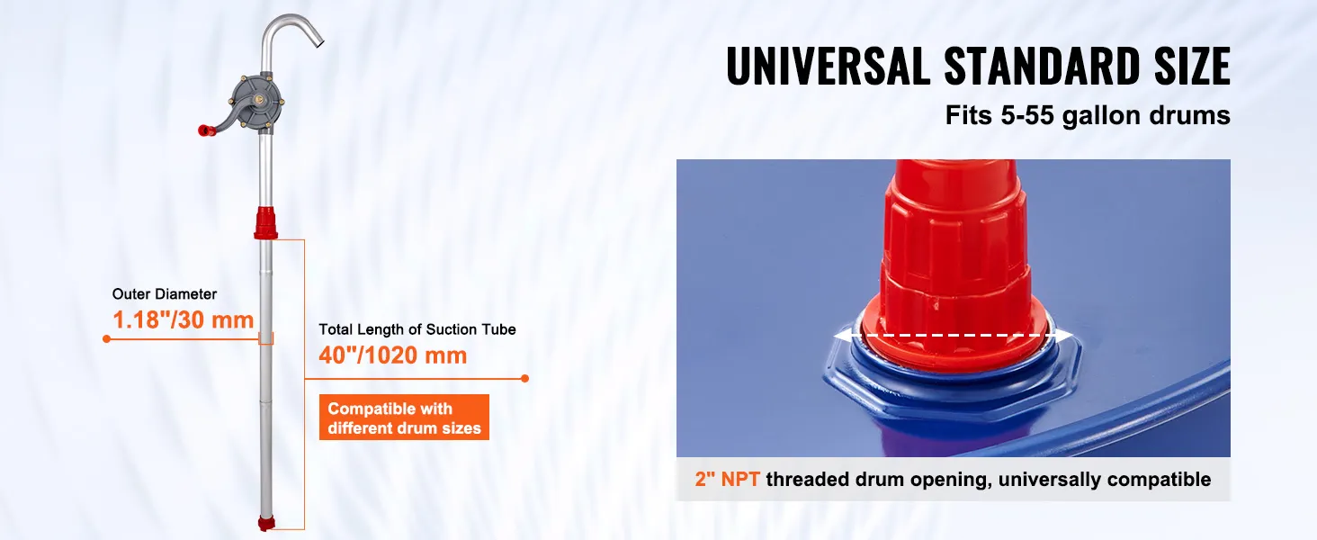 Pompa per fusti VEVOR con diametro di 1,18" e lunghezza di 40", adatta a fusti da 5-55 galloni, apertura filettata da 2" npt.