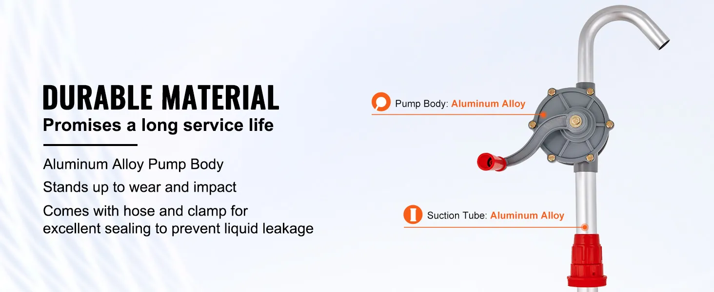 Pompa per fusti VEVOR con corpo in lega di alluminio resistente, tubo flessibile e morsetto per un'eccellente tenuta dei liquidi.