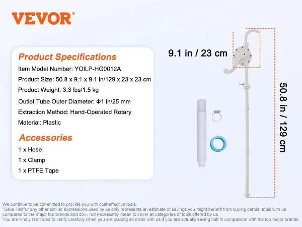 VEVOR drum pump specifications and accessories including hose, clamp, and ptfe tape.