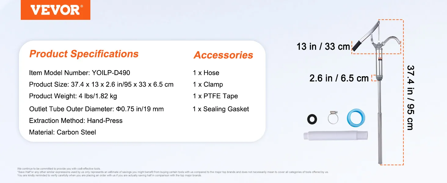 Abmessungen und Zubehör der VEVOR-Fasspumpe, einschließlich Schlauch, Klemme, PTFE-Band und Dichtung.