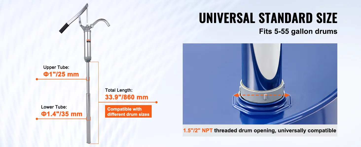 VEVOR-Fasspumpe, kompatibel mit 5-55 Gallonen-Fässern, 33,9"/860 mm Länge, 1,5"/2" NPT-Gewindeöffnung.
